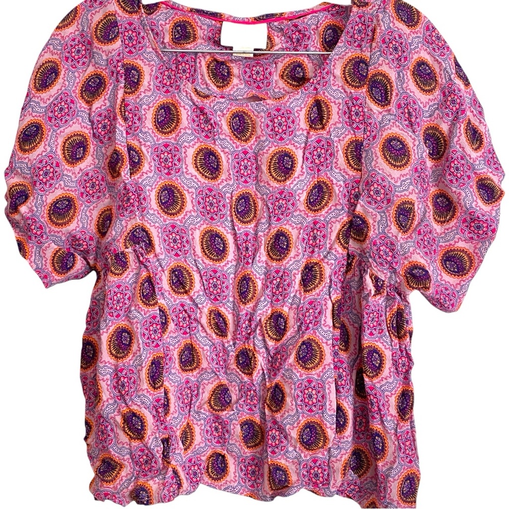 Maeve Anthropologie Milla Medallion Boho Blouse Short Sleeve Boxy Fluttery Top